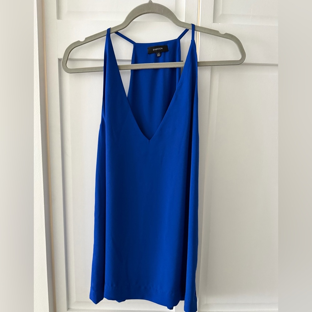 New Babaton Aritzia Cobalt Blue Sleeveless Blouse with Deep V-Neck – Size S
